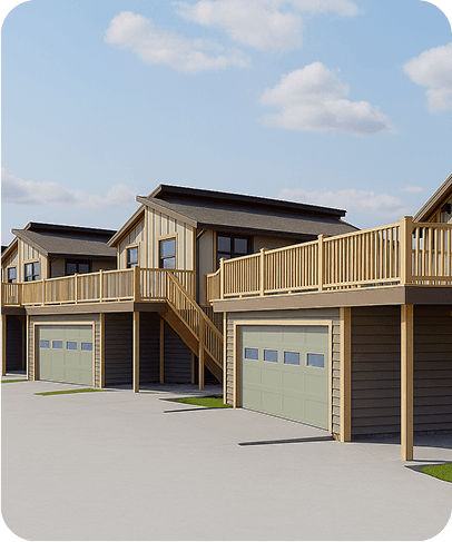 Modern townhouses with wooden decking and garages