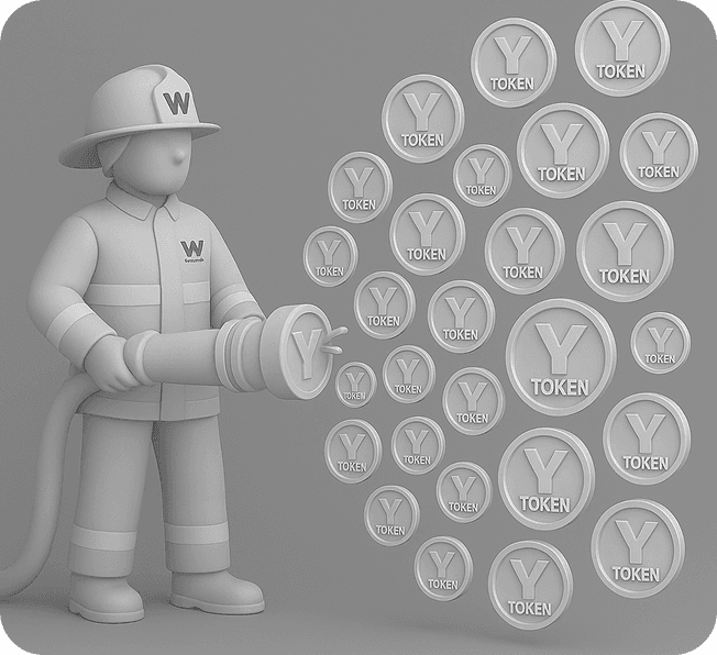 3D character with W cap surrounded by floating cryptocurrency tokens