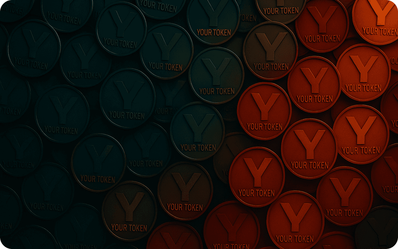 Cryptocurrency tokens with Y symbols transitioning from dark to orange colors